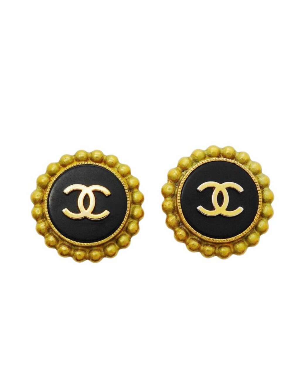 Chanel Earrings Vintage CC Logo Gold Plated Black